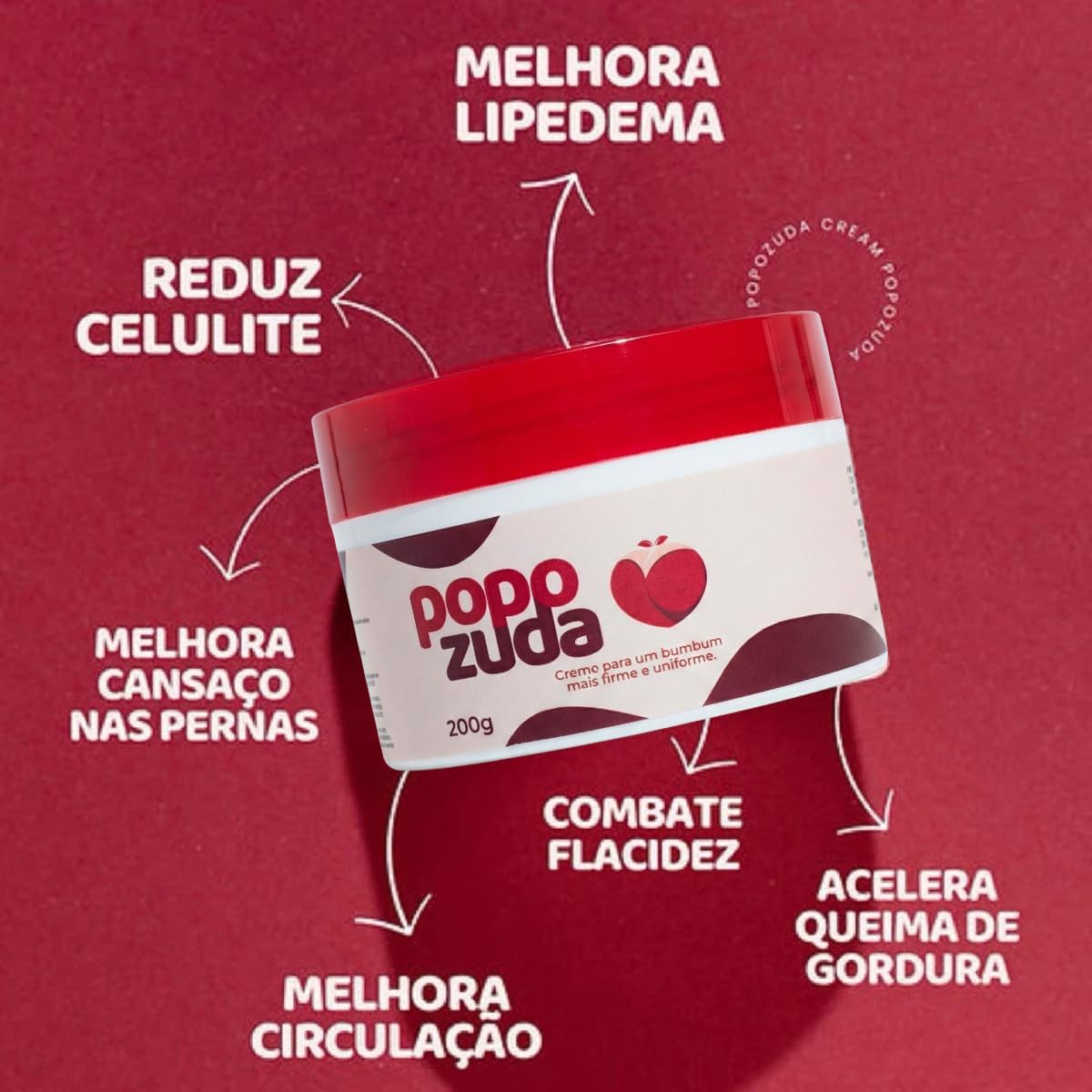 Imagem do fabricante com benefícios destacados ao redor do pote Popozuda
